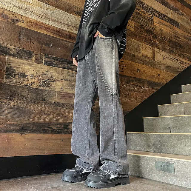 木林森 美式高街做旧水洗复古明线装饰宽松休闲垂感牛仔裤 男女同款