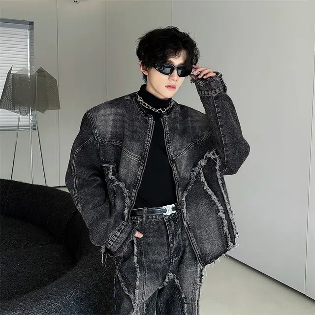 木林森 美式高街重磅复古做旧结构设计感潮牌小众水洗重工毛边夹克男痞帅宽松牛仔外套 男女同款