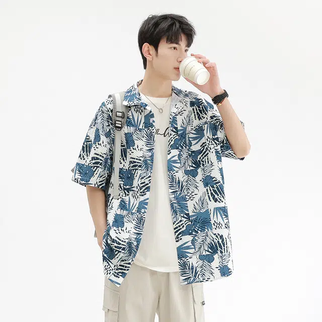 木林森 夏威夷度假风花卉满印宽松短袖衬衫 男女同款 蓝色