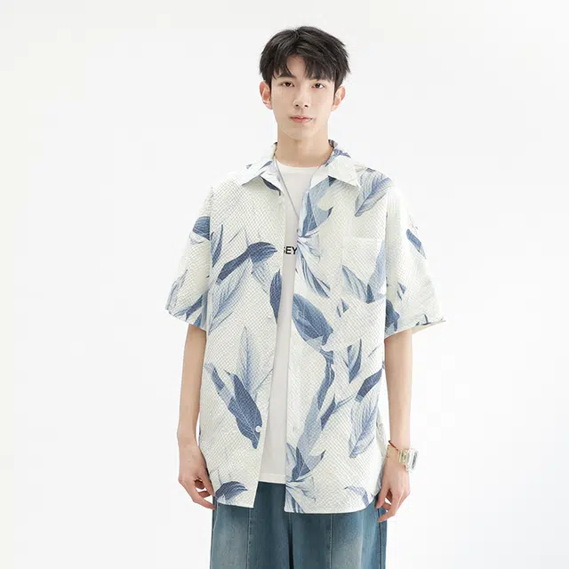 木林森 夏威夷度假风花满印百搭宽松休闲短袖衬衫 男女同款 蓝色