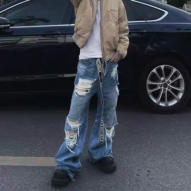 木林森 美式高街复古水洗宽松直筒破洞潮牌设计感时尚透气亲肤痞帅街头百搭潮流拖地牛仔裤 男女同款