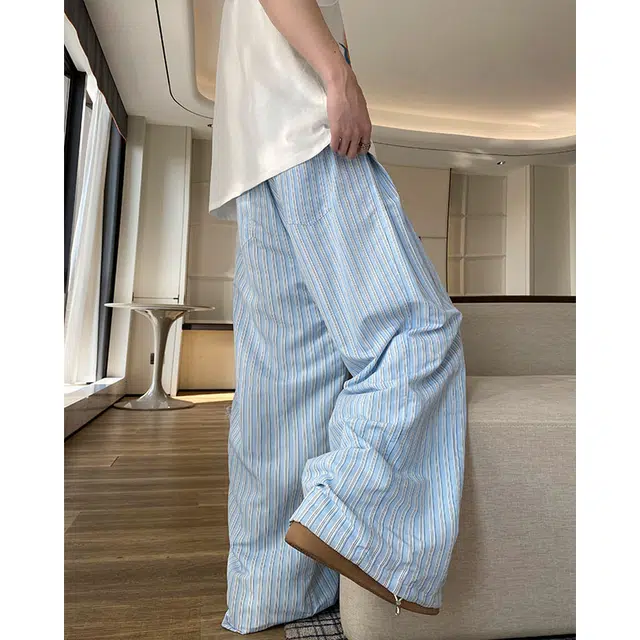 木林森 美式高街复古廊形弯刀阔腿时尚潮流设计感宽松直筒嘻哈街头日常户外通勤个性痞帅百搭条纹休闲裤 男女同款