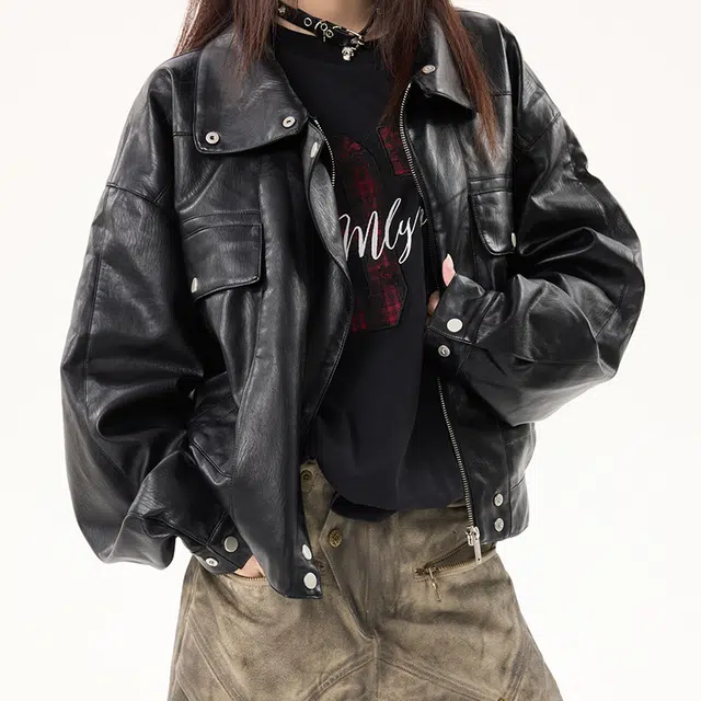 木林森 美式复古高街潮流简约短款拼接时尚设计款品牌外套宽松休闲百搭痞帅风夹克皮衣 男女同款