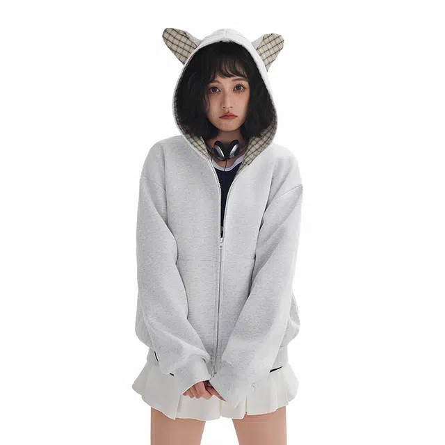 木林森 美式高街潮牌休闲情侣款简约百搭宽松重磅耳朵撞色格子拼接连帽卫衣 男女同款