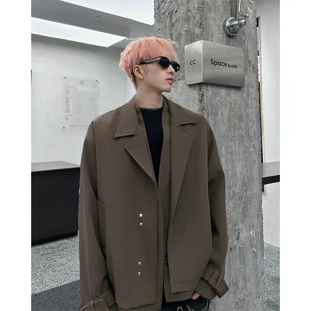 木林森 高街潮牌美式翻领宽松假两件机能休闲纯色防风夹克 男女同款