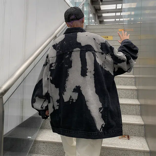 木林森 美式复古扎染小众设计潮牌高街痞帅翻领宽松休闲牛仔外套 男女同款