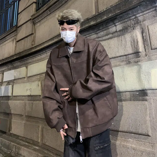 木林森 美式复古高街潮牌麂皮绒翻领外套男美拉德高级感休闲简约情侣夹克皮衣 男女同款