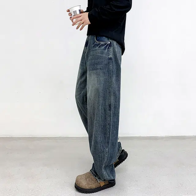 木林森 美式复古高街废土风巴黎弯刀重工水洗做旧垂感柔软休闲宽松百搭中腰日常通勤直筒牛仔裤 男女同款