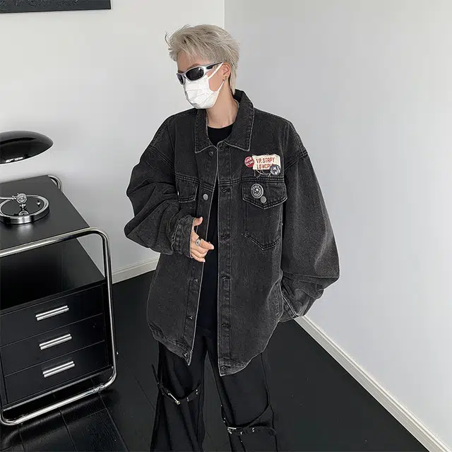 木林森 美式街头国潮复古高级感徽章宽松工装牛仔外套 男女同款