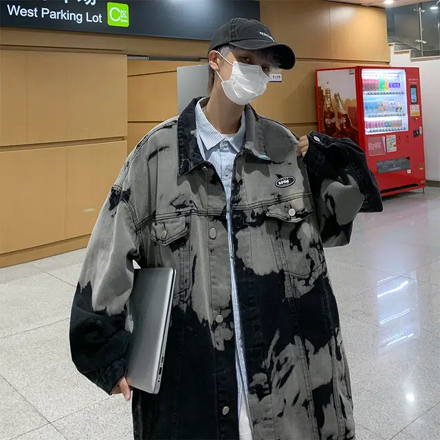 木林森 美式复古扎染小众设计潮牌高街痞帅翻领宽松休闲牛仔外套 男女同款
