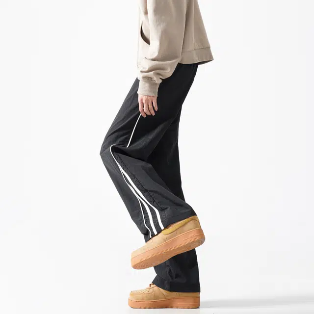 木林森 美式高街阔腿时尚潮流设计感宽松直筒条纹简约速干裤嘻哈街头日常户外通勤个性痞帅系带抽绳百搭休闲裤 男女同款
