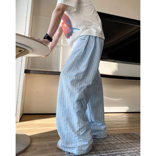 木林森 美式高街复古廊形弯刀阔腿时尚潮流设计感宽松直筒嘻哈街头日常户外通勤个性痞帅百搭条纹休闲裤 男女同款
