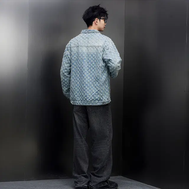 木林森 美式复古高街提花设计百搭宽松翻领落肩小香风牛仔外套 男女同款