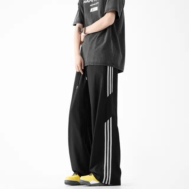 木林森 美式高街阔腿时尚潮流设计感宽松直筒简约褶皱嘻哈街头日常户外通勤个性痞帅系带抽绳百搭条纹休闲裤 男女同款