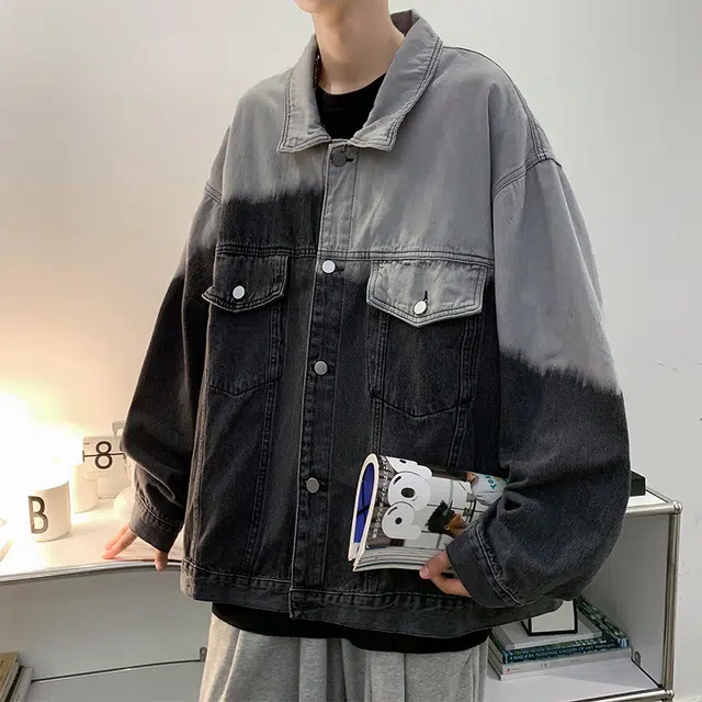 木林森 美式复古扎染小众设计潮牌高街痞帅翻领宽松休闲牛仔外套 男女同款