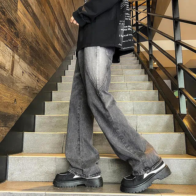 木林森 美式高街做旧水洗复古明线装饰宽松休闲垂感牛仔裤 男女同款