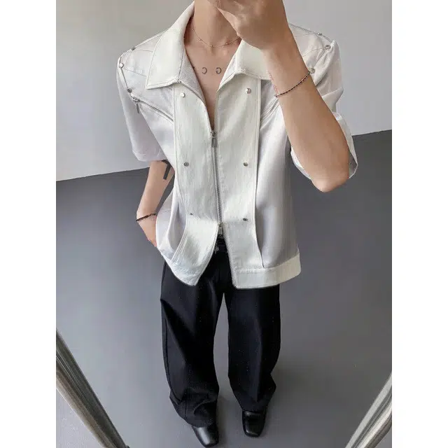 木林森 美式高街个性解构液体亮丝金属铆钉小众设计感潮流百搭拉链宽松垫肩翻领短袖衬衫 男女同款
