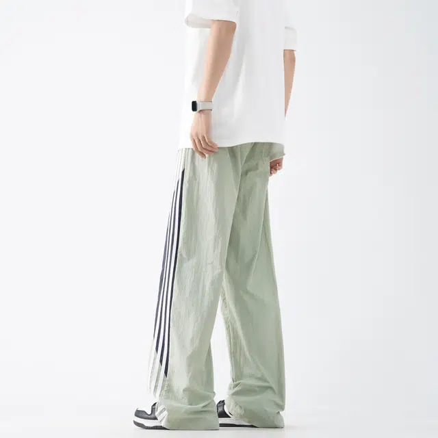 木林森 冰丝条纹高街阔腿时尚潮流设计感宽松直筒简约褶皱嘻哈街头日常户外通勤个性痞帅系带抽绳百搭休闲裤 男女同款