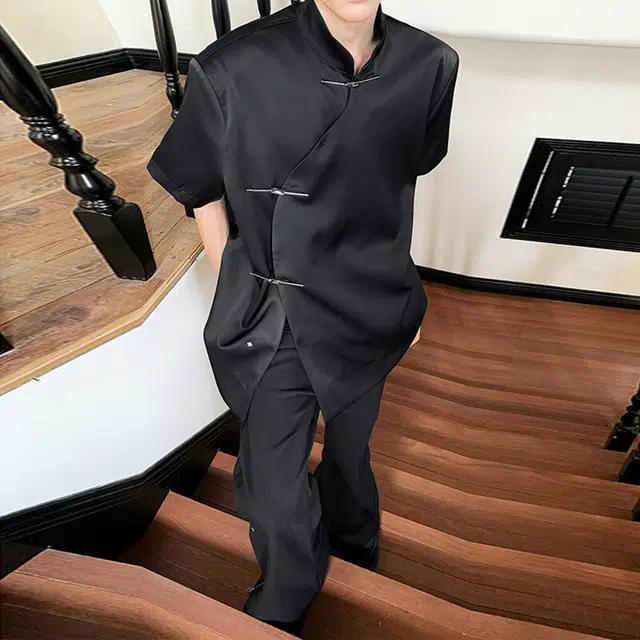 木林森 新中式个性金属盘扣简约纯色百搭宽松立领短袖衬衫 男女同款