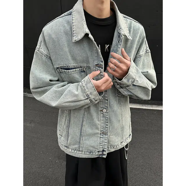 木林森 美式经典复古水洗做旧结构设计款潮流高街百搭品牌翻领宽松休闲牛仔外套 男女同款