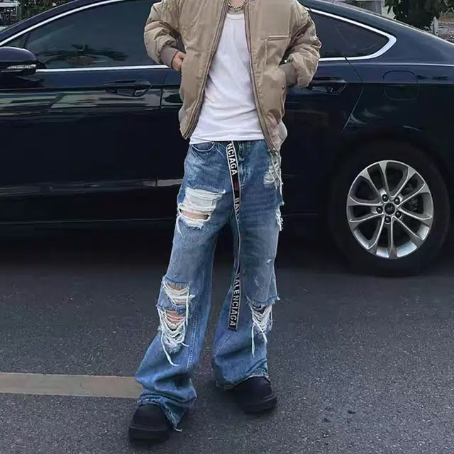 木林森 美式高街复古水洗宽松直筒破洞潮牌设计感时尚透气亲肤痞帅街头百搭潮流拖地牛仔裤 男女同款