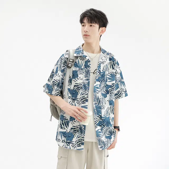 木林森 夏威夷度假风花卉满印宽松短袖衬衫 男女同款 蓝色