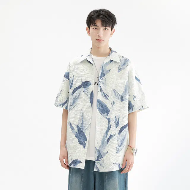 木林森 夏威夷度假风花满印百搭宽松休闲短袖衬衫 男女同款 蓝色