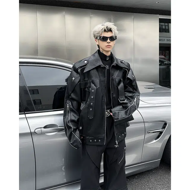 木林森 美式高街复古机车服夹克结构设计感潮牌小众高级感短款皮衣 男女同款