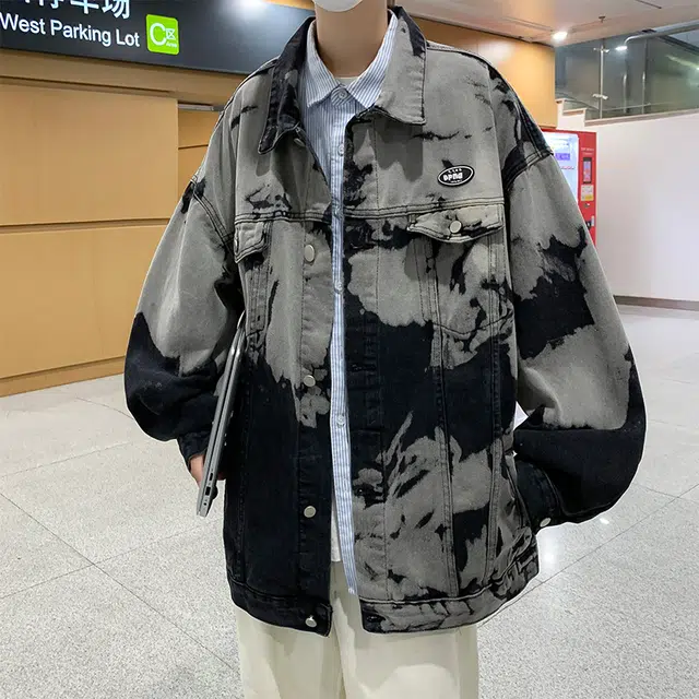 木林森 美式复古扎染小众设计潮牌高街痞帅翻领宽松休闲牛仔外套 男女同款