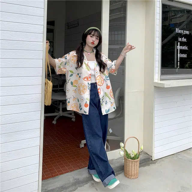 木林森 夏威夷沙滩度假风水果满印短袖衬衫 男女同款 米色