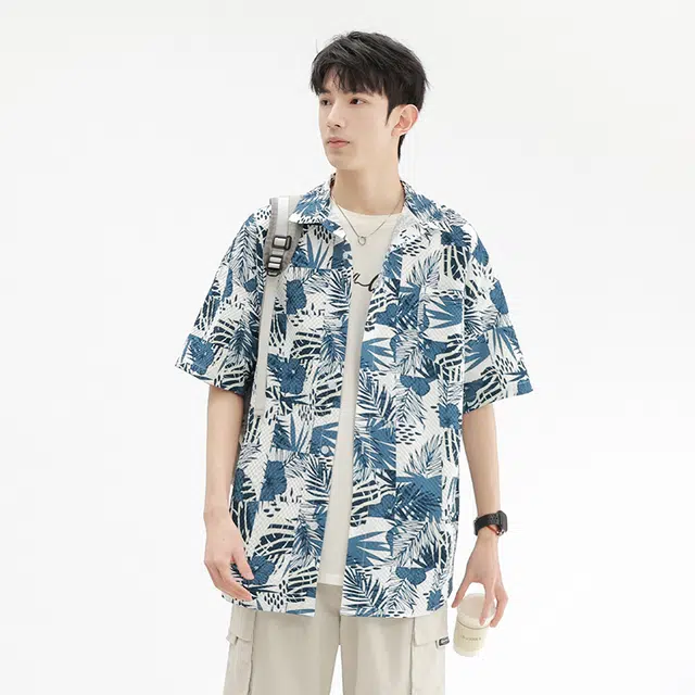 木林森 夏威夷度假风花卉满印宽松短袖衬衫 男女同款 蓝色