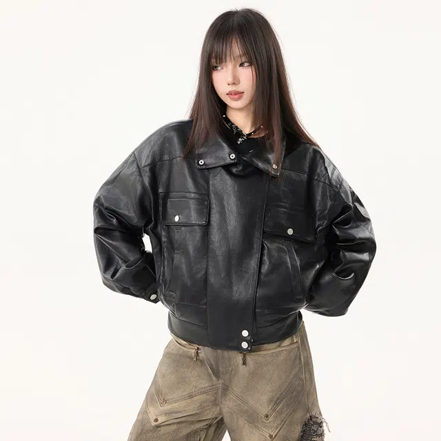 木林森 美式复古高街潮流简约短款拼接时尚设计款品牌外套宽松休闲百搭痞帅风夹克皮衣 男女同款