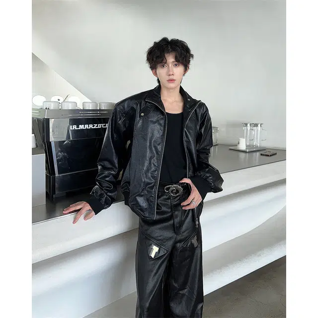 木林森 美式复古夹棉加厚机车服拼接结构设计款小众高级感痞帅短款宽松外套皮衣 男女同款