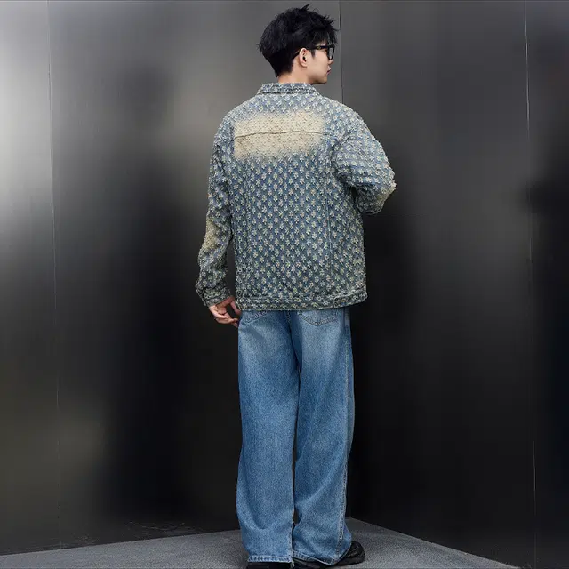 木林森 美式复古高街提花设计百搭宽松翻领落肩小香风牛仔外套 男女同款