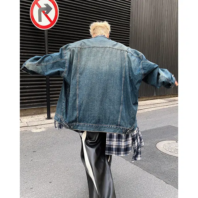 木林森 假两件美式高街复古拼接高级感混搭叠穿黑白格夹克时尚潮流百搭宽松休闲牛仔外套 男女同款