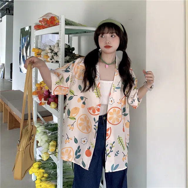 木林森 夏威夷沙滩度假风水果满印短袖衬衫 男女同款 米色
