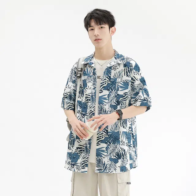 木林森 夏威夷度假风花卉满印宽松短袖衬衫 男女同款 蓝色