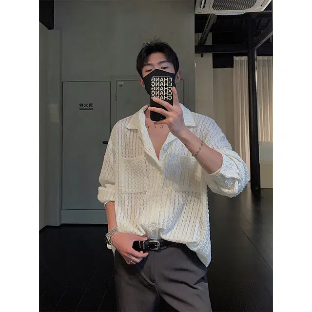 木林森 高街潮牌纯色简约美式设计感宽松透气舒适百搭时尚潮流学院风翻领长袖衬衫 男女同款