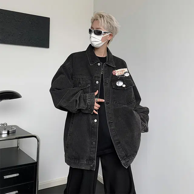 木林森 美式街头国潮复古高级感徽章宽松工装牛仔外套 男女同款