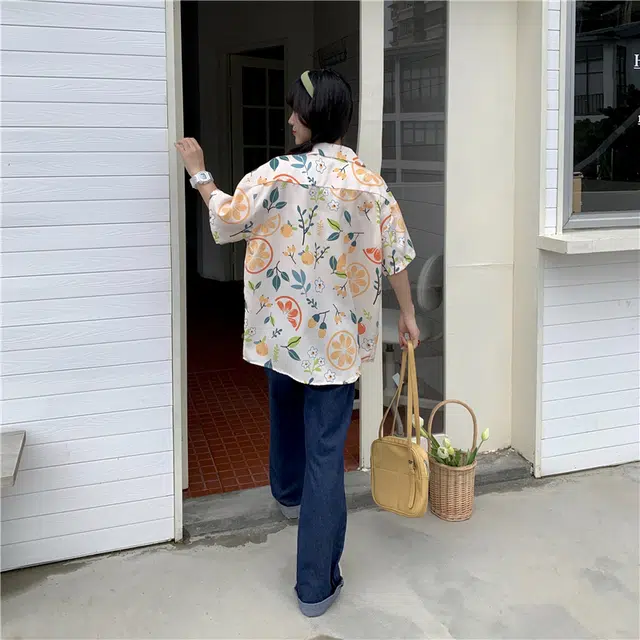 木林森 夏威夷沙滩度假风水果满印短袖衬衫 男女同款 米色