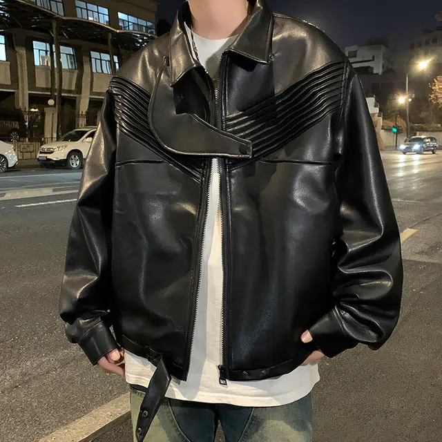木林森 美式高街复古机车痞帅高级感百搭宽松夹克外套 男女同款 黑色