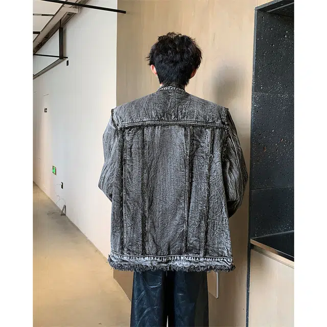 木林森 美式高街扎染复古个性高级感垫肩水洗做旧短款立领夹克时尚毛边设计牛仔外套 男女同款
