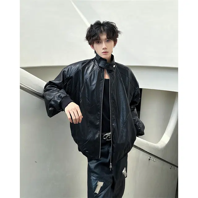 木林森 美式复古夹棉加厚机车服拼接结构设计款小众高级感痞帅短款宽松外套皮衣 男女同款