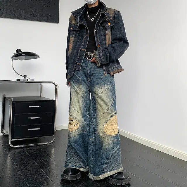 木林森 美式复古做旧高级设计感洗水小众短款痞帅潮流毛边垫肩立领宽松休闲牛仔外套 男女同款