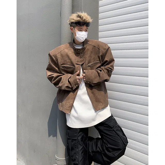 木林森 美式高街潮牌复古做旧机车服外套小众设计感短款垫肩时尚百搭潮流休闲夹克衫皮衣 男女同款