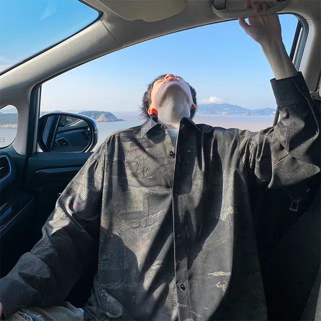 木林森 美式复古高街潮牌印花款潮流设计感翻领休闲时尚百搭长袖日常通勤上衣衬衫 男女同款