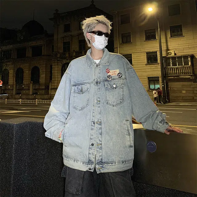 木林森 美式街头国潮复古高级感徽章宽松工装牛仔外套 男女同款