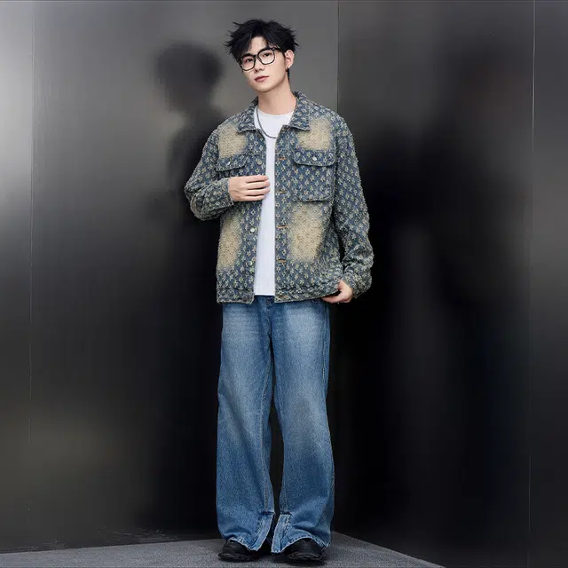 木林森 美式复古高街提花设计百搭宽松翻领落肩小香风牛仔外套 男女同款