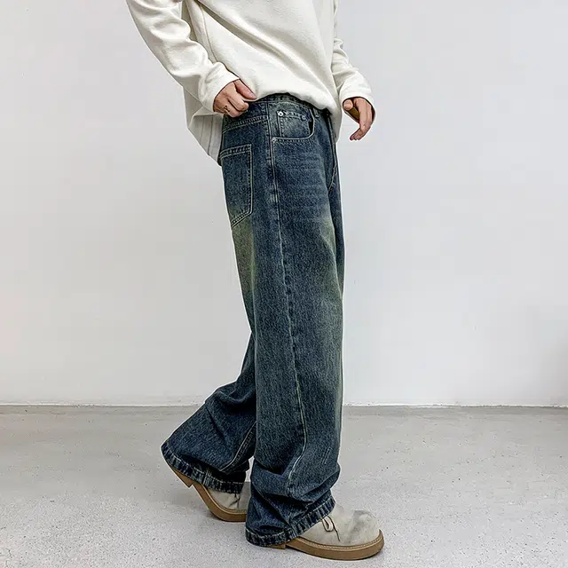 木林森 美式经典高街复古做旧水洗潮流百搭通勤宽松休闲垂感直筒牛仔裤 男女同款