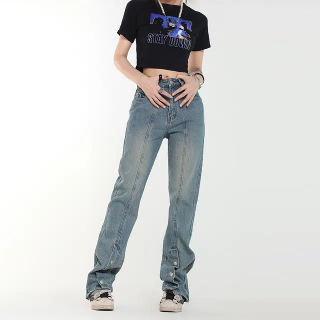 木林森 美式高街潮流设计百搭宽松休闲直筒牛仔裤 男女同款 蓝色
